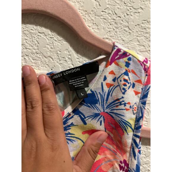 Maggy London Linen Blend Patch Print Shift Mini Dress size Large - Picture 4 of 6